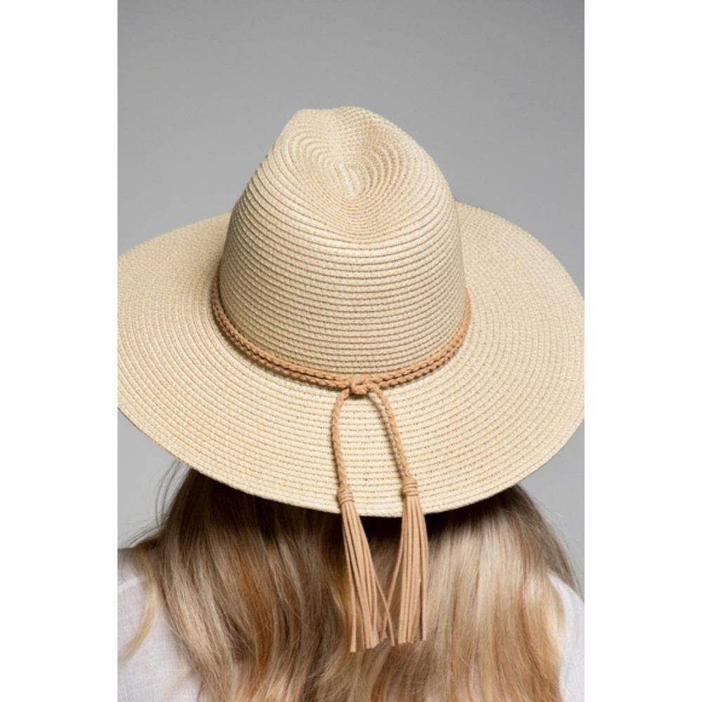 Natural Faux Suede Wide Brim Braided Double Band Tassel Woven Panama Hat - Picture 3 of 7